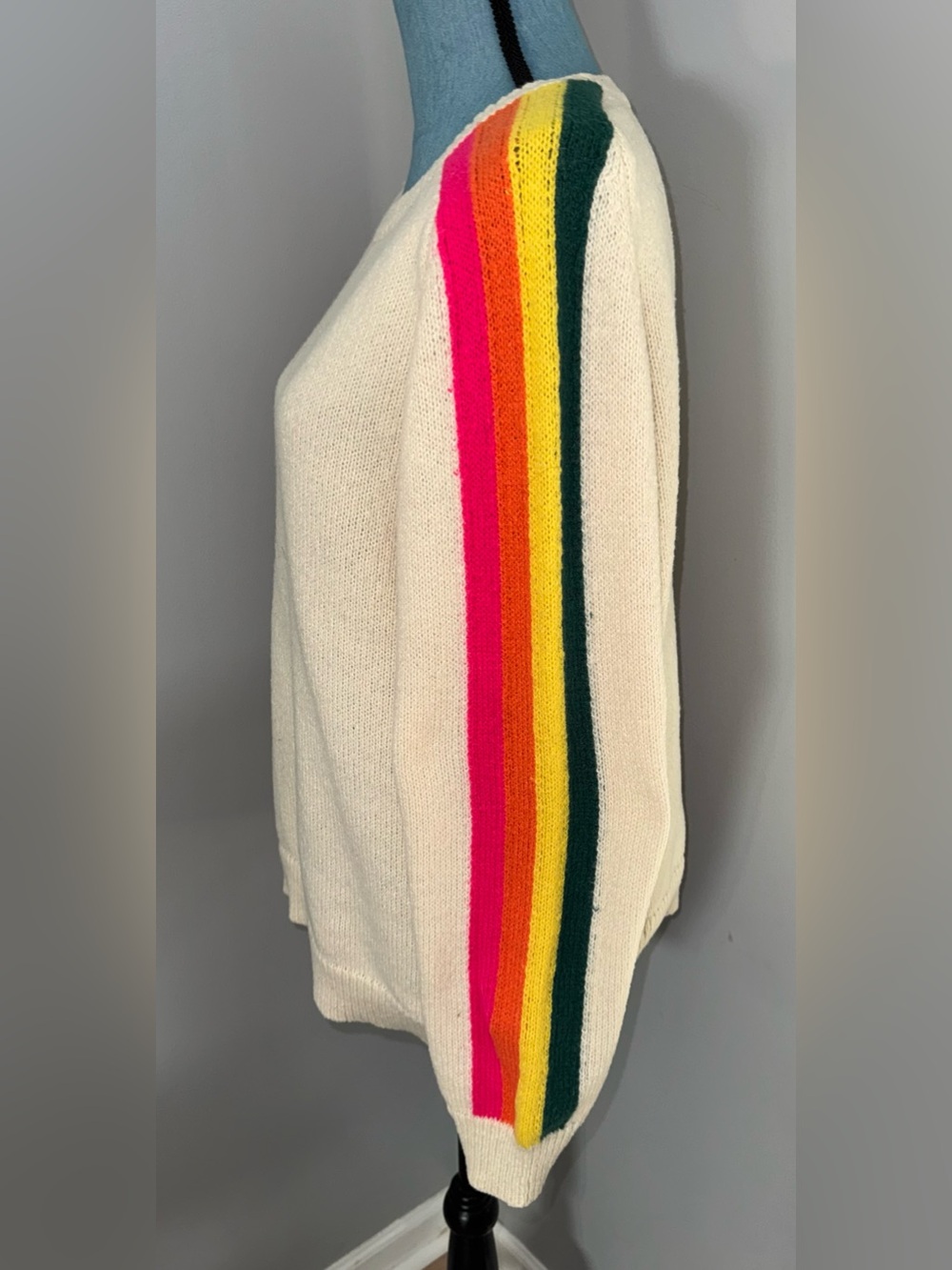 Ivory Knit Crewneck Sweater w/rainbow Striped Sleeves Size Medium By Jodifl